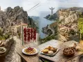 Paesaggi mozzafiato della Basilicata con scorci di borghi antichi, il Cristo Redentore, vigneti e tavole imbandite con piatti tipici Basilicata: pane, olio, verdure, pasta e dolci.