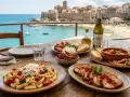 Un banchetto di piatti tipici molisani con vista sul mare: pasta, arrosto, pesce fritto e vino bianco.