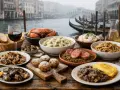 Un banchetto veneziano: granchio, riso, pasta, polenta e dolci, con gondole sullo sfondo. Ecco cosa mangiare a Venezia per un'esperienza indimenticabile.
