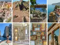 Un collage di immagini che cattura la bellezza di Napoli e dintorni: Procida colorata, sentieri del Vesuvio, panorami costieri, Capri, interni di palazzi storici, ceramiche e rovine antiche.