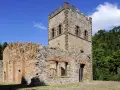 Rovine di un castello con torre merlata a Montecatini Val di Cecina, un luogo suggestivo da esplorare.