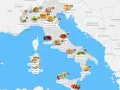 Mappa interattiva che mostra cosa mangiare in Italia: da nord a sud, assapora risotto, pasta alla bolognese, pizza, mozzarella e molto altro.