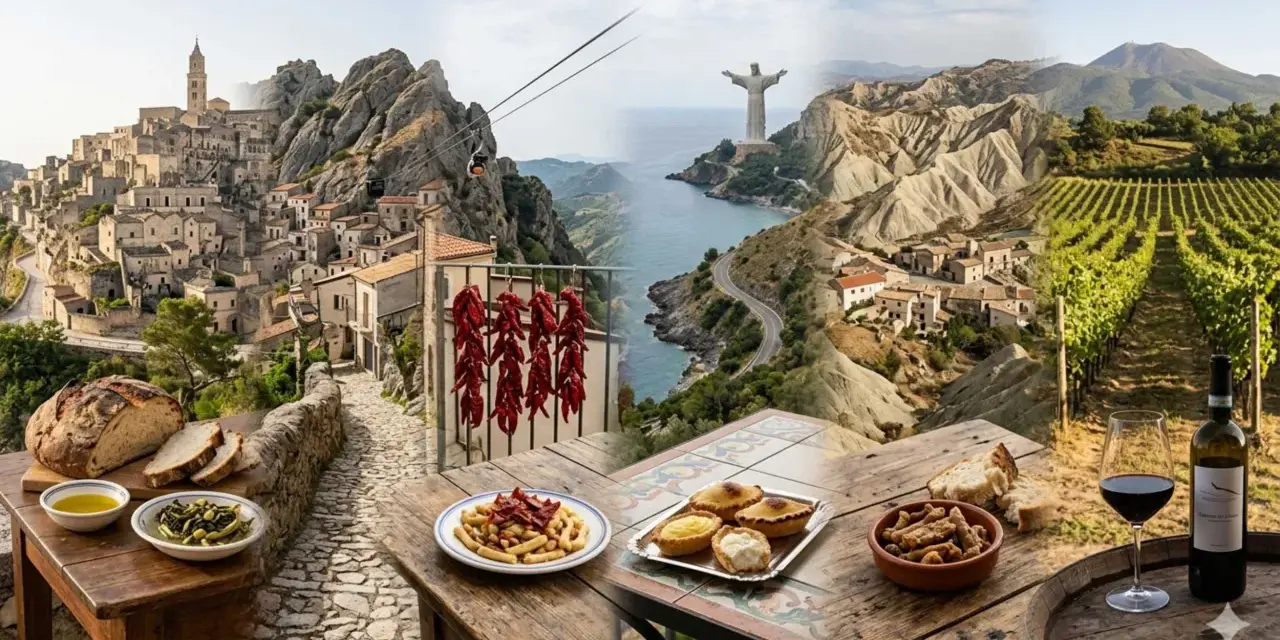 Paesaggi mozzafiato della Basilicata con scorci di borghi antichi, il Cristo Redentore, vigneti e tavole imbandite con piatti tipici Basilicata: pane, olio, verdure, pasta e dolci.