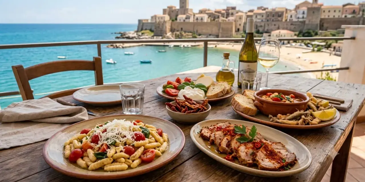Un banchetto di piatti tipici molisani con vista sul mare: pasta, arrosto, pesce fritto e vino bianco.