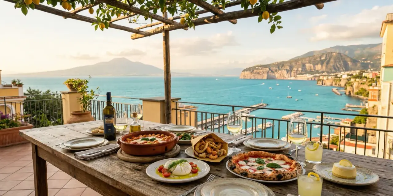 Un tavolo apparecchiato con piatti tipici sorrento, pizza, frittura e burrata, con vista sul golfo.