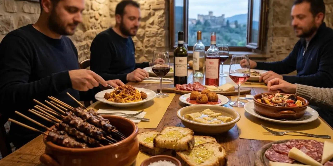 Un gruppo di amici gusta la gastronomia abruzzese: arrosticini, pasta al ragù, fritti e pesce.