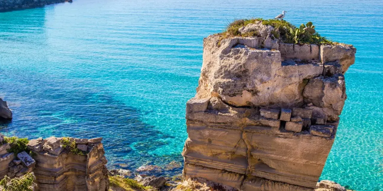 Scogliera rocciosa con mare cristallino, un gabbiano osserva il panorama. Il mare più bello della Sicilia, un'oasi di pace.