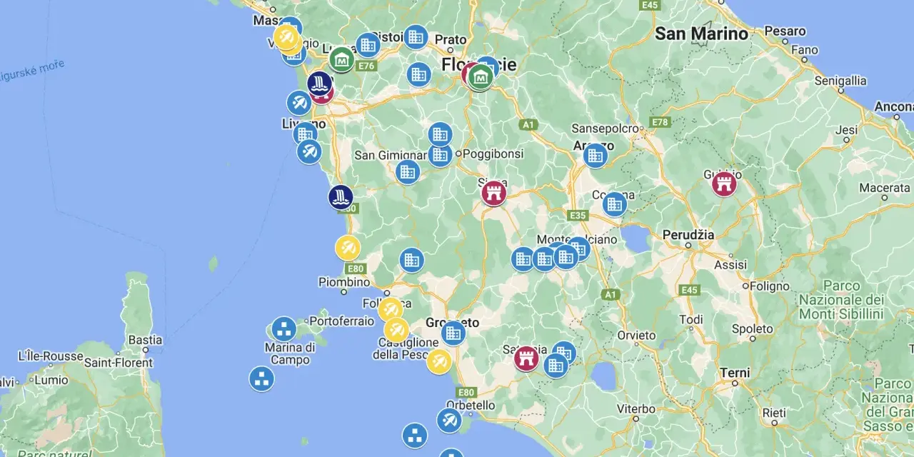 Mappa delle città toscane con icone per attrazioni, hotel e ristoranti. Si vedono Firenze, Pisa, Livorno e altre località.