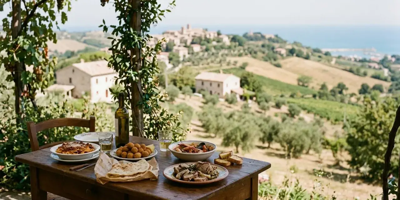 Un pranzo all'aperto nelle Marche: pasta, arrosti, fritti e pesce con vista su colline e borghi.