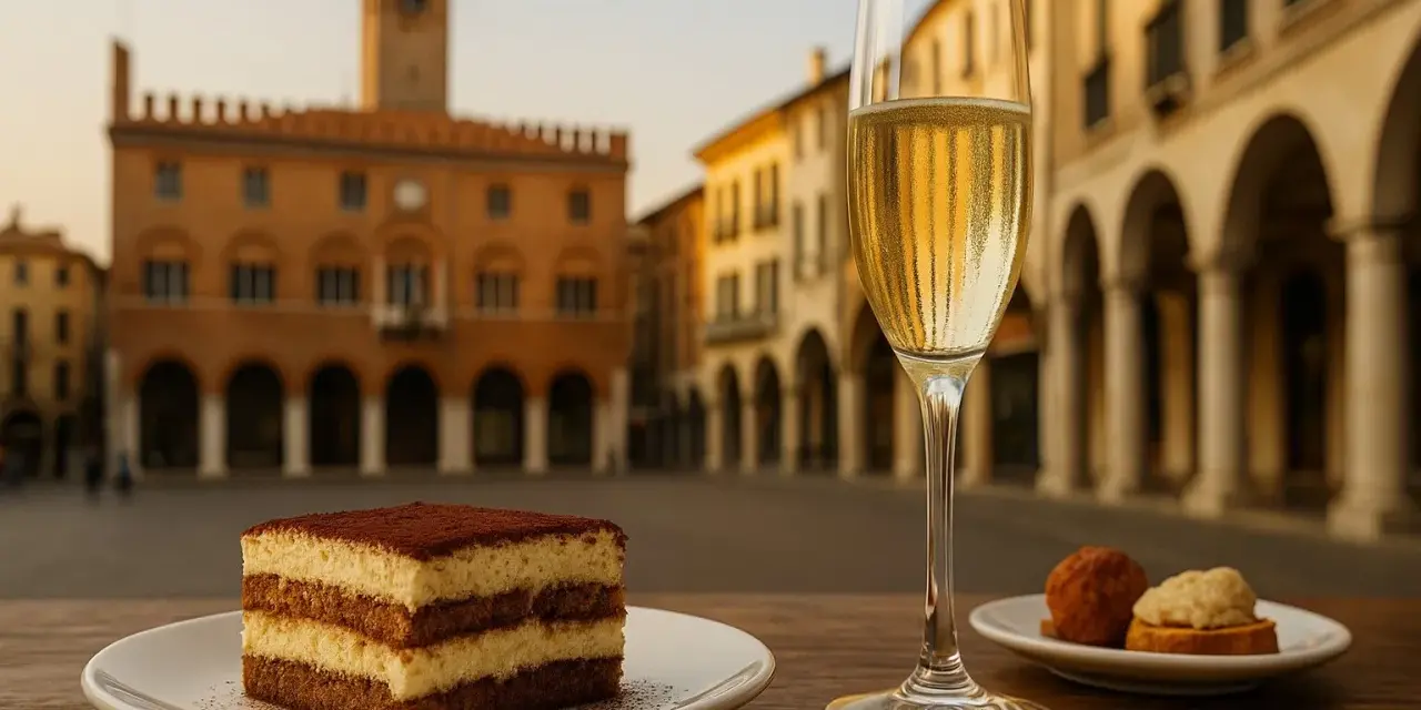 Un delizioso tiramisù e un bicchiere di spumante, perfetti per scoprire cosa mangiare a Treviso, con la piazza sullo sfondo.