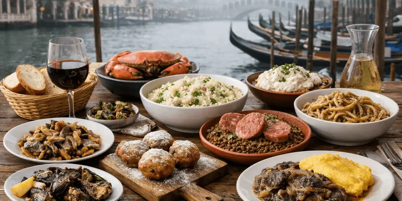 Un banchetto veneziano: granchio, riso, pasta, polenta e dolci, con gondole sullo sfondo. Ecco cosa mangiare a Venezia per un'esperienza indimenticabile.