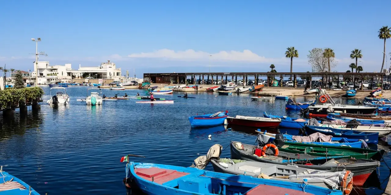 Porto pugliese con barche colorate e palme. Ideale per tappe in macchina in Puglia, tra mare e relax.