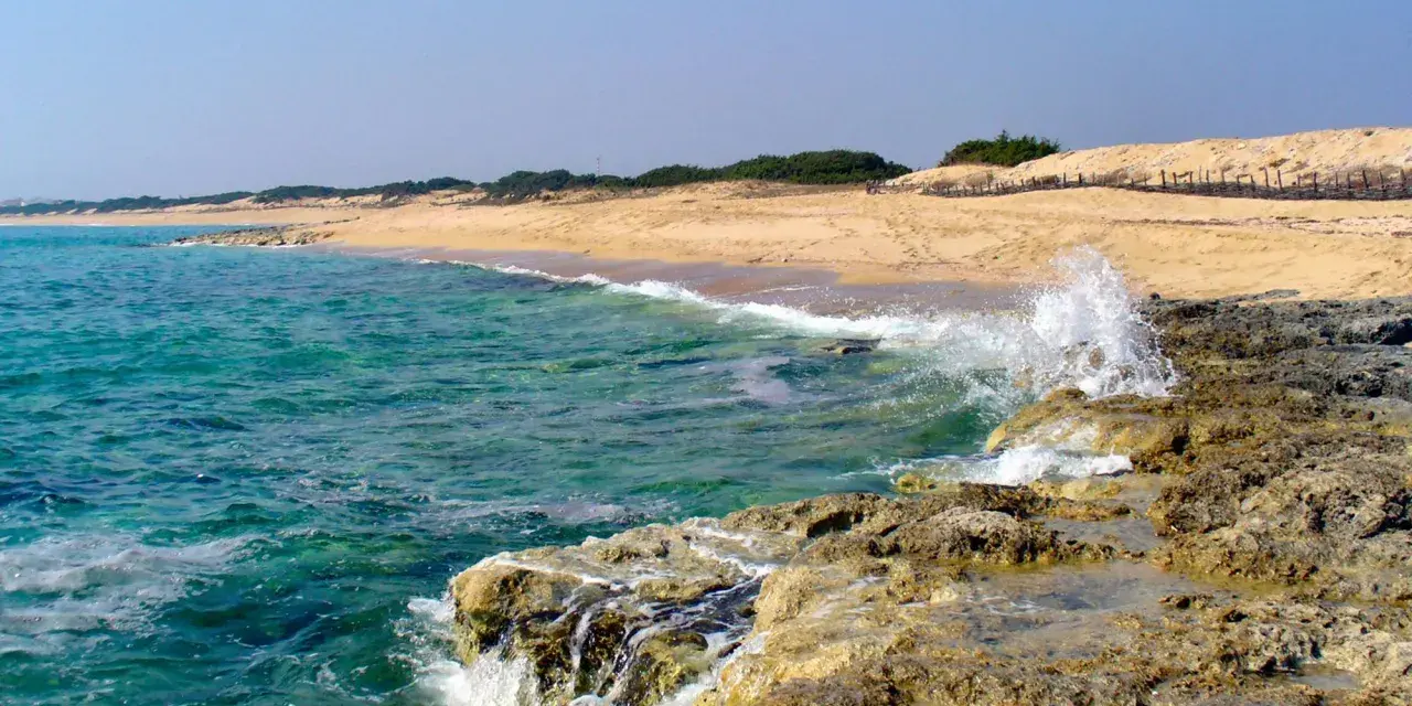 Onde cristalline del mar Ionio in Puglia si infrangono su scogli dorati, con una spiaggia sabbiosa e dune sullo sfondo.