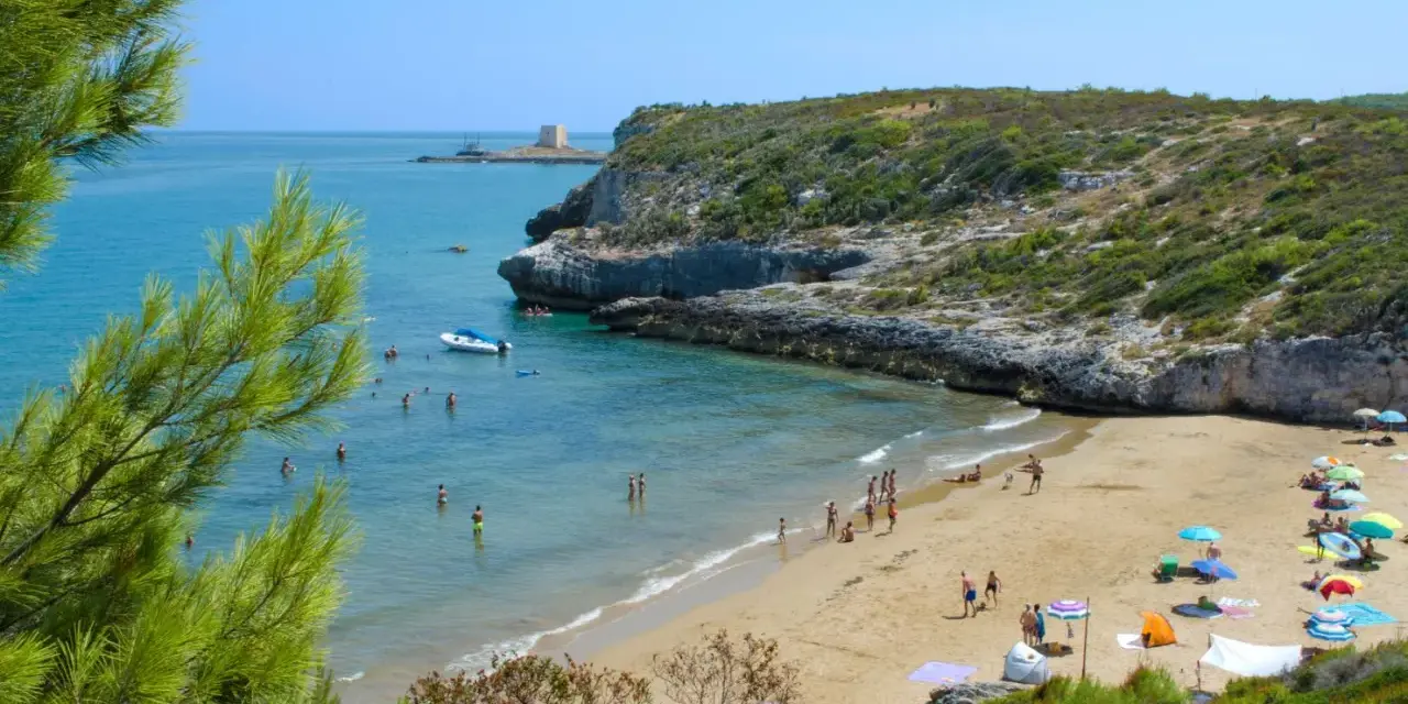 Splendida spiaggia di Peschici con gente che si gode il sole e il mare cristallino, incorniciata da una scogliera verdeggiante.