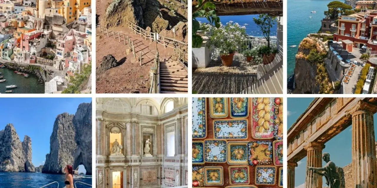 Un collage di immagini che cattura la bellezza di Napoli e dintorni: Procida colorata, sentieri del Vesuvio, panorami costieri, Capri, interni di palazzi storici, ceramiche e rovine antiche.