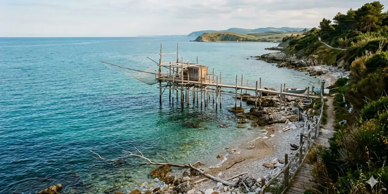 Trabocco tradizionale sulle spiagge dell'Abruzzo, con il mare turchese e la costa rocciosa.