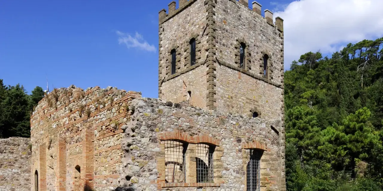 Rovine di un castello con torre merlata a Montecatini Val di Cecina, un luogo suggestivo da esplorare.