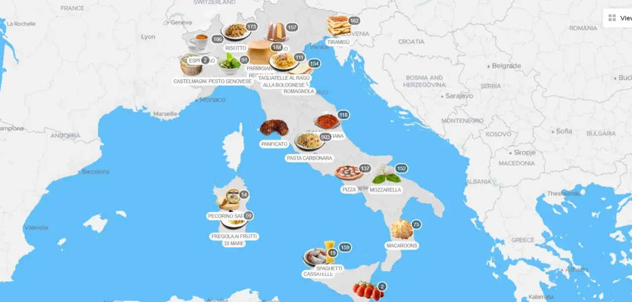 Mappa interattiva che mostra cosa mangiare in Italia: da nord a sud, assapora risotto, pasta alla bolognese, pizza, mozzarella e molto altro.