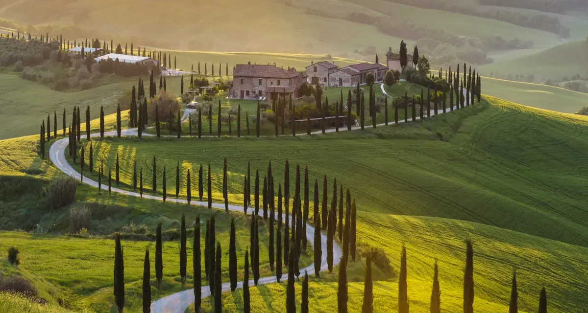 Colline toscane con cipressi e strada tortuosa, un'ispirazione per cosa vedere a Siena e dintorni in 3 giorni.