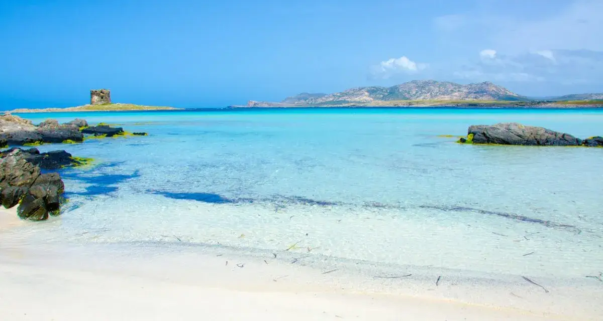 Spiagge di Alghero con torre antica su isolotto e acque cristalline turchesi.