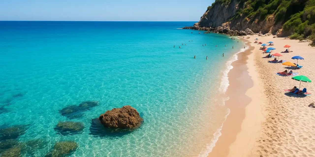 Spiagge del Lazio: sabbia dorata, acque cristalline e ombrelloni colorati sotto una scogliera verdeggiante.