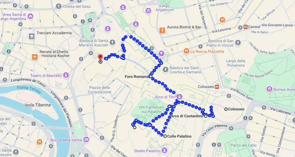 Un itinerario Roma a piedi mappa che mostra un percorso tra il Foro Romano, il Colosseo e il Palatino.