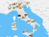 Mappa interattiva che mostra cosa mangiare in Italia: da nord a sud, assapora risotto, pasta alla bolognese, pizza, mozzarella e molto altro.