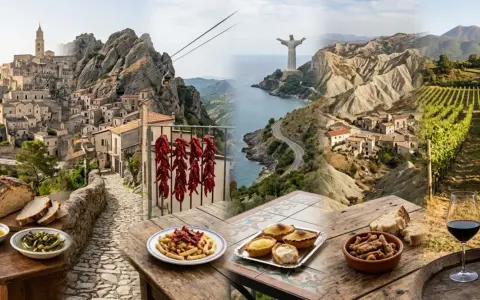 Paesaggi mozzafiato della Basilicata con scorci di borghi antichi, il Cristo Redentore, vigneti e tavole imbandite con piatti tipici Basilicata: pane, olio, verdure, pasta e dolci.