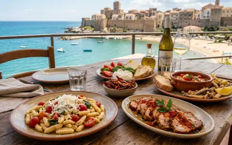 Un banchetto di piatti tipici molisani con vista sul mare: pasta, arrosto, pesce fritto e vino bianco.