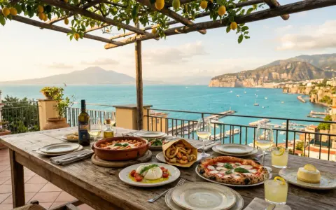 Un tavolo apparecchiato con piatti tipici sorrento, pizza, frittura e burrata, con vista sul golfo.