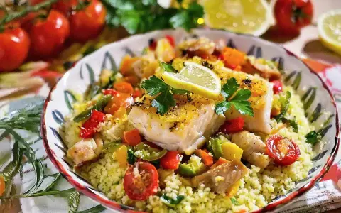 Piatto di pesce con verdure e couscous, un assaggio dei piatti tipici di Lampedusa.