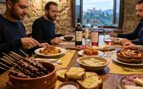 Un gruppo di amici gusta la gastronomia abruzzese: arrosticini, pasta al ragù, fritti e pesce.