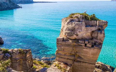 Scogliera rocciosa con mare cristallino, un gabbiano osserva il panorama. Il mare più bello della Sicilia, un'oasi di pace.