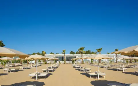 Filettate file di lettini e ombrelloni sulla sabbia dorata di Ripa Beach Vieste, sotto un cielo azzurro e limpido.