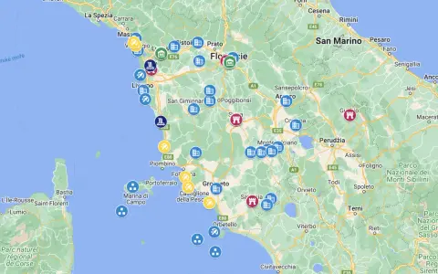 Mappa delle città toscane con icone per attrazioni, hotel e ristoranti. Si vedono Firenze, Pisa, Livorno e altre località.