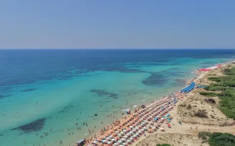 Spiaggia affollata con ombrelloni colorati e gente che nuota nelle acque cristalline di Punta Prosciutto, le Maldive del Salento.