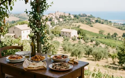 Un pranzo all'aperto nelle Marche: pasta, arrosti, fritti e pesce con vista su colline e borghi.