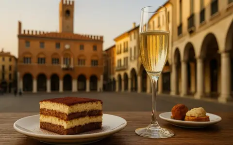Un delizioso tiramisù e un bicchiere di spumante, perfetti per scoprire cosa mangiare a Treviso, con la piazza sullo sfondo.