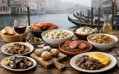 Un banchetto veneziano: granchio, riso, pasta, polenta e dolci, con gondole sullo sfondo. Ecco cosa mangiare a Venezia per un'esperienza indimenticabile.