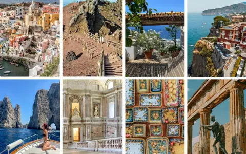 Un collage di immagini che cattura la bellezza di Napoli e dintorni: Procida colorata, sentieri del Vesuvio, panorami costieri, Capri, interni di palazzi storici, ceramiche e rovine antiche.