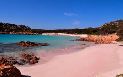 La **spiaggia rosa** di Asinara, con le sue acque turchesi e rocce rossastre, incanta sotto un cielo azzurro.