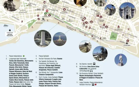 Mappa turistica di Reggio Calabria: cosa vedere a Reggio Calabria in un giorno, tra monumenti, piazze e il lungomare.