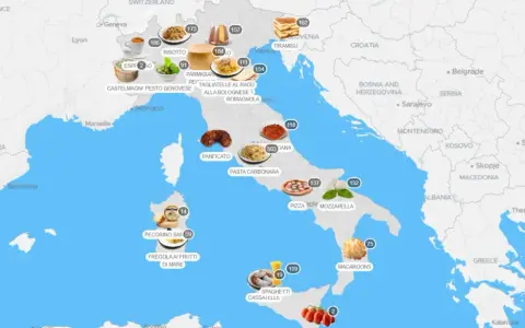 Mappa interattiva che mostra cosa mangiare in Italia: da nord a sud, assapora risotto, pasta alla bolognese, pizza, mozzarella e molto altro.