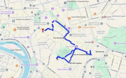 Un itinerario Roma a piedi mappa che mostra un percorso tra il Foro Romano, il Colosseo e il Palatino.