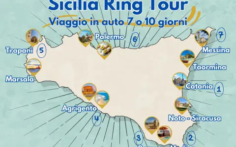 Mappa del tour della Sicilia: scopri i migliori posti da visitare in Sicilia in auto, da Trapani a Siracusa, passando per Palermo e Taormina.