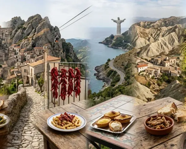 Paesaggi mozzafiato della Basilicata con scorci di borghi antichi, il Cristo Redentore, vigneti e tavole imbandite con piatti tipici Basilicata: pane, olio, verdure, pasta e dolci.