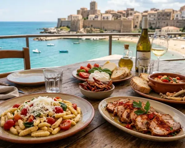 Un banchetto di piatti tipici molisani con vista sul mare: pasta, arrosto, pesce fritto e vino bianco.