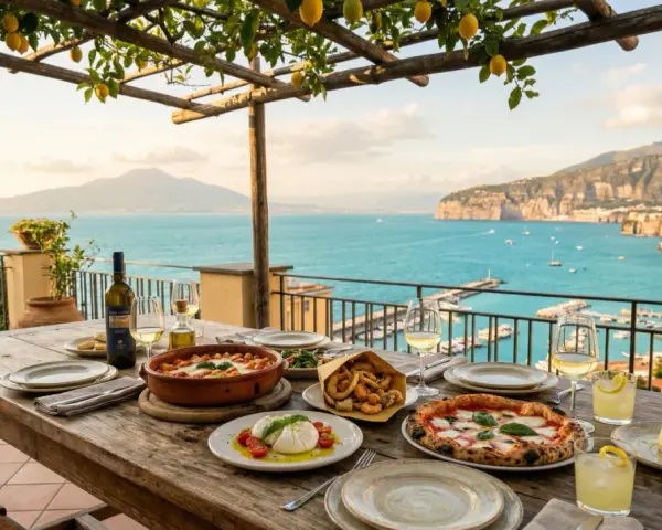 Un tavolo apparecchiato con piatti tipici sorrento, pizza, frittura e burrata, con vista sul golfo.