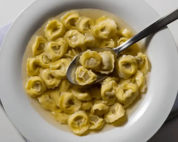 Tortellini in brodo, uno dei piatti tipici di Ravenna, serviti in una ciotola bianca con un cucchiaio.