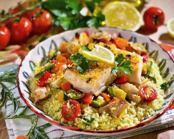 Piatto di pesce con verdure e couscous, un assaggio dei piatti tipici di Lampedusa.